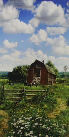 a painting of a barn in the middle of a field with daisies and wildflowers