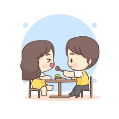 two people sitting at a table with food in their hands and one person holding a spoon