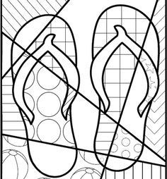 a pair of flip flops sitting on top of a tiled floor in black and white