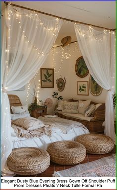 a bedroom with white curtains and lights on the ceiling is decorated in wicker baskets