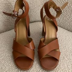 Women's Marc Fisher Brown Orla Round Toe Block Heel Leather Sandals, Size 5, Perfect Condition, Never Used Brown Sandals With Wrapped Heel And Medium Width, Brown Ankle Strap Sandals With 4-inch Heel, Brown Ankle Strap Wedge Sandals With Wrapped Heel, Brown Ankle Strap Wedge Sandals For Formal Occasions, Formal Brown Wedge Sandals With Ankle Strap, Formal Tan Sandals With Round Toe, Formal Brown Ankle Strap Wedge Sandals, Spring Tan Leather Heels, Formal Tan Sandals