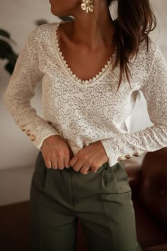 Ecru Balo Blouse – Easy Clothes North America Elegant White V-neck Lace Top, Elegant Off White V-neck Top, Chic Beige Long Sleeve Lace Top, Elegant V-neck Lace Top For Fall, Beige Long Sleeve Lace Top With Lace Trim, Beige Lace Top With Long Sleeves And Lace Trim, Chic Cream Long Sleeve Lace Top, Cream Long Sleeve Tops With Lace Cuffs, Cream V-neck Lace Top With Lace Trim