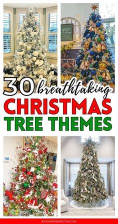 christmas tree themes with the words 30 great thinking christmas tree themes in red, white and green