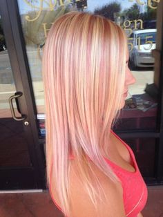 Blond With Pink Tips, Blonde Hair Color Ideas Medium Length Straight, Fun Highlights For Blondes, Long Blonde Hair With Pink Highlights, Blonde Hair W Pink Highlights, Pink Hair Dye Ideas Blondes, Blond And Pink Highlights, Pink Hair Blonde Highlights, Blonde Hair With Colored Highlights Fun