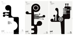 three black and white posters with different shapes