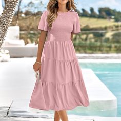 Mifelio Spring Summer Dresses For Women 2024 Women's Summer Casual Flutter Short Sleeve V Neck Smocked Elastic Waist Tiered Midi Dress Sundresses For Women, Womens Dresses Pink Material: This Dresses Is Made Of Polyester.Soft, Breathable, Skin Friendly, Stretchy, Lightweight, Not See Through, Comfy To Wear And Touch. Dimension: Please Refer To Our Size Table Before You Purchase Our Products, And Our Sizes Are All Asian Size. If You Are Not Sure About The Size, Please Contact Us. We Are Happy To Solid Color Ruched Midi Dress With Flutter Sleeves, Solid Ruched Tiered Midi Dress, Ruched Tiered Midi Dress, Casual Ruched Dress With Flutter Sleeves, Casual Dress With Ruched Detail And Flutter Sleeve, Casual Pleated Dresses With Flutter Sleeves, Fitted Solid Color Tiered Midi Dress, Casual Ruched Midi Dress With Flutter Sleeves, Feminine Short Sleeve Solid Midi Dress