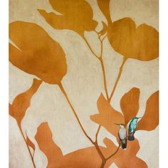 a bird sitting on top of a leafy plant next to a white and orange wall