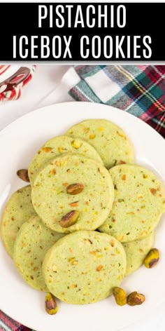 pistachio icebox cookies on a white plate with text overlay that reads, pistachio icebox cookies