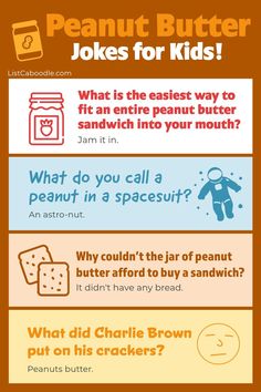 The best peanut butter jokes for kids of all ages. Food Jokes, Glow Birthday Party, Phrase Of The Day, Food Puns