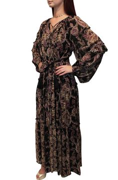 Black paisley maxi dress side view Chic Floral Print Tie Neck Dress, Silk Midi Dress With Tie Waist, Silk Midi Length Dress With Tie Waist, Bohemian Tie Waist Dress For Fall, Silk Tie Waist Dresses For Daywear, Chic Silk Dress With Tie Waist, Bohemian Fall Dress With Tie Waist, Chic Tie Neck Dress For Fall, Fall Bohemian Dress With Tie Waist