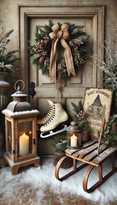 an old fashioned sleigh with christmas decorations and candles in front of a door