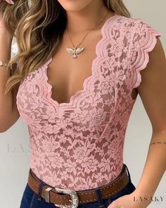 Lasaky - Lace-Accented V Neck Bodysuit with Crochet Design Floral Lace Tank Top, Lingerie Design, Stylish Crochet, Vest Crop Top, V Neck Bodysuit, Casual Vest, Sleeveless Bodysuit, Fashion Weeks, Lace Cami