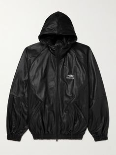 You can count on Balenciaga's Demna to refresh the most ubiquitous essentials. Modelled on classic track styles, this hooded jacket is cut from supple leather and has a signature slouchy fit. It's finished with an adjustable drawcord hem and the label's logo printed on the chest. Balenciaga Jacket Mens, Leather Hooded Jacket With Detachable Hood For Streetwear, Luxury Hoodie With Double-lined Hood, Hooded Leather Outerwear With Double-lined Hood, Luxury Hooded Jacket With Double-lined Hood, Leather Hooded Jacket For Streetwear, Leather Jacket With Detachable Hood For Streetwear, Hooded Leather Jacket With Detachable Hood For Streetwear, Classic Hooded Leather Jacket