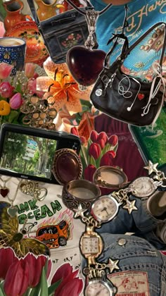 a collage of many different items including a cell phone, flowers and other things