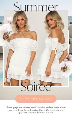 two women in white dresses with the words summer soiree shop the latest styles