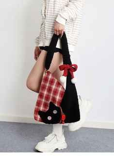 Red Plaid Plush Cat Bow Shoulder Bag | Bag | Three Fleas Cat Patchwork, Flower Bags, Cats Flowers, Plaid Bag, Thrift Flips, Plastic Shop, Diy Bag Designs, Plush Bags, Cat Bow