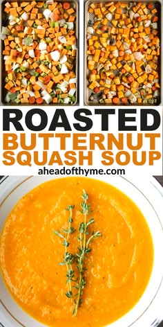 roasted butternut squash soup in a white bowl with carrots and parsley on top