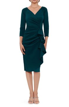 Dresses For Apple Shape, Cap Sleeve Gown, Green Dress Casual, Draped Midi Dresses, Scuba Fabric, Column Gown, Ruffle Long Sleeve, Gowns With Sleeves, Review Dresses