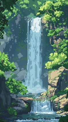 a painting of a waterfall surrounded by trees