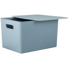 a blue storage box with a lid on the top and bottom, in front of a white background