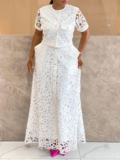 Lasaky - City Slicker Lace Accent Short Sleeve Blouse White Dress African Style, White Lace Skirt And Blouse Styles, Senegalese Clothing Styles 2024, Ankara Lace Styles For Women, Lace Tops For Women Classy, White Lace Styles, Dentelle Dress, White Lace Dress Outfit, Trendy Lace Dresses