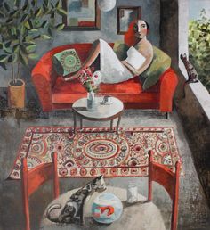 a painting of a woman sitting on a red couch with a cat next to her