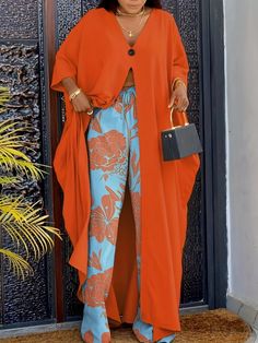 Lasaky - Womens Elegant Two-Piece Party Set: Solid Split Long-Length Top and Floral Print Drawstring Pants Ensemble Spring Party Sets In Orange, Spring Party Orange Sets, Orange Party Sets For Summer, Bohemian Long Sets For Parties, Long Bohemian Party Sets, Bohemian Long Party Sets, Floor-length Bottoms For Summer Party, Full-length Summer Party Sets, Full Length Summer Party Sets