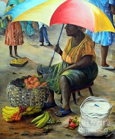 a painting of a woman sitting under an umbrella next to some bananas and other fruit