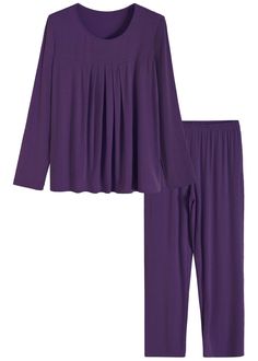 PRICES MAY VARY. Soft, lightweight and breathable Tops features scoop neck, long sleeves, pleated front Full length pants with 2 side pockets, elastic waistband Machine wash cold gentle, do no bleach, iron low heat, do not dryclean, do not tumble dry Best Pjs, Purple Pajamas, Pajamas Pants, Comfortable Pajamas, Pleated Tops, Pleated Shirt, Cotton Sleepwear, Pajamas Comfy, Pants With Pockets