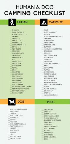 the camping checklist is shown in green and orange, with an image of a dog on