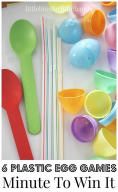 plastic eggs and spoons with text overlay reading 6 plastic egg games minute to win it