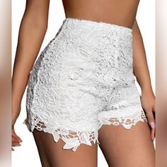 Comfy And Soft Material, It Is Breathable And Skin-Friendly Allover Guipure Lace Trim, Elastic Waistband To Offer A Great Comfort And Make It Is Not Too Tight Or Too Baggy, High Waist, Straight Leg, Solid Color, Regular Fit, Not See Through This Shorts Can Be Paired With Crop Tops, Camisoles, Tube Tops, Tank Tops, Bodysuits, Tee Shirts, Blouses To Give You A Great Curvy Fit Over Your Sleek Shape And Make You Chic And Stylish Fit For Dancing, Raves, Festivals, Parties, Night Out, Club, Casual. Elegant Lace Shorts For Summer, Night Out Club, Tube Tops, Guipure Lace, Feminine Design, Shirts Blouses, Girls Night Out, Tube Top, Summer Girls