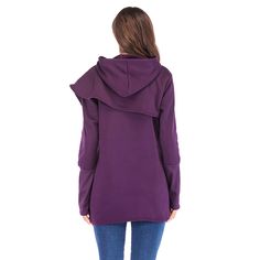 Purple Irrgular Double Layer Hoodie Oversized Purple Hoodie For Fall, Winter Long Sleeve Tops With Adjustable Hood, Solid Color Hooded Hoodie For Fall, Purple Hoodie With Adjustable Hood For Fall, Purple Fall Hoodie With Adjustable Hood, Hooded Solid Color Winter Top, Solid Color Hooded Winter Tops, Winter Solid Hooded Tops, Trendy Winter Sweatshirt With Funnel Neck