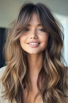 Lowlights For Brunettes Curtain Bangs, Light Brown Medium Hair, Dark Brown With Golden Balayage, Long Brunette Hair With Layers And Bangs, Mid Length Thick Hair Styles, Dimensional Brunette Curtain Bangs, Haircut For Women In 40s, Hair Summer 2024 Trends, Ella Langley Hair