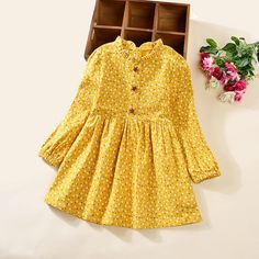 Yellow Kids Girls' Dress Floral Knee-length Dress Print Cotton Long Sleeve Cute Dress Pink Yellow Floral Dress Long Sleeve, Midi Dress Winter, Floral Dress Long, Classic Baby Clothes, Girls Cotton Dresses, Cheap Dresses Casual, Floral Party Dress, Girls Floral Dress, Floral Cotton Dress