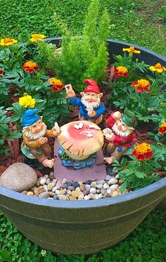 garden gnomes in a flower pot with rocks and flowers