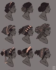 six different types of women's heads with hair in various styles and colors, all wearing