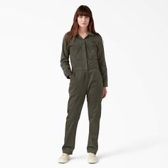 Women's Long Sleeve Coveralls - Dickies US Cotton Shortalls With Relaxed Fit For Fall, Fall Cotton Shortalls In Relaxed Fit, Utility Jumpsuits With Side Pockets And Bib Front, Fall Utility Shortalls For Workwear, Utility Solid Overalls With Pockets, Utility Overalls With Pockets, Cotton Shortalls For Workwear In Fall, Fitted Utility Overalls With Pockets, Utility Overalls With Pockets For Workwear