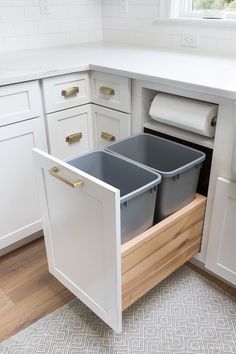 the kitchen cabinet is open and has two trash cans in it's bottom drawer