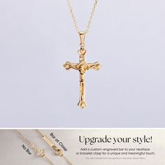 14K 18K Solid Gold Jesus Crucifix Necklace, Dainty Cross Pendant, Custom Engraved Name, Christian Necklace, Gold Belief Jewelry, Holy Bible We can engrave name, date or your message backside of the cross . Available Gold Karat: 14K (585), 18K (750) Available Gold Colors: Yellow, rose, and white Available finishing: Shiny Height of the pendant: 28mm Width of the pendant: 15mm You may customize chain thickness and length. Necklace Length - 16 inches adjustable 15 inches (choker) Necklace Length - 18 inches adjustable 16 inches Necklace Length - 20 inches adjustable 18 inches Necklace Length - 22 inches adjustable 20 inches Necklace Length - 24 inches adjustable 22 inches We put an additional adjustment ring on the necklace to use it shorter.  M o r e * F r o m * U s  Goldstore Jewelry - http Elegant Engraved Crucifix Necklace, Personalized Gold Crucifix Jewelry, 14k Gold Engraved Crucifix Necklace, Engraved Crucifix Jewelry For Wedding, Wedding Crucifix Jewelry Engraved, Wedding Engraved Crucifix Jewelry, Rose Gold Crucifix Necklaces For Anniversary, Rose Gold Crucifix Necklaces For Anniversaries, Engraved Crucifix Necklace For Anniversary