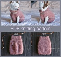 two pictures of a small dog wearing a pink sweater with pearls on it's collar