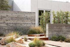 an outdoor garden with rocks and plants in front of a modern building that is made out of concrete