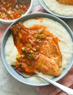 two bowls filled with rice and meat covered in sauces next to another bowl full of mashed potatoes