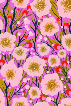 a pink and yellow floral pattern with lots of flowers on the bottom half of it