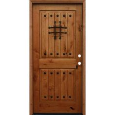 a wooden door with metal handles and knobs on the front side, isolated against a white background