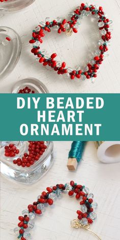 beaded heart ornament with beads and thread on the table next to it