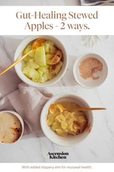 three bowls filled with food on top of a white counter next to two spoons