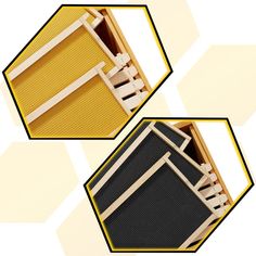 two pieces of furniture sitting next to each other on top of a yellow and black floor