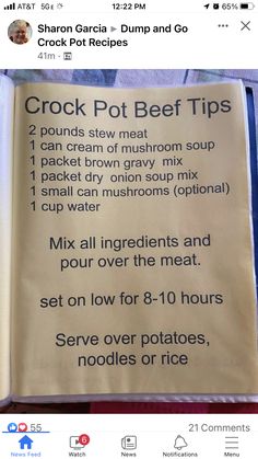 a recipe book with instructions for crock pot beef tips