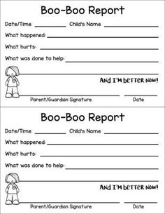 the boo - boo report for children is shown in black and white, with an image of